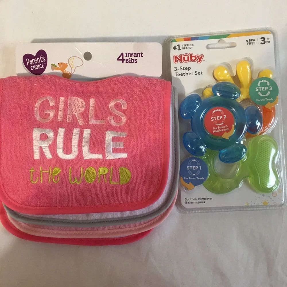Kids bibs and nuby 3 stage teether set /New